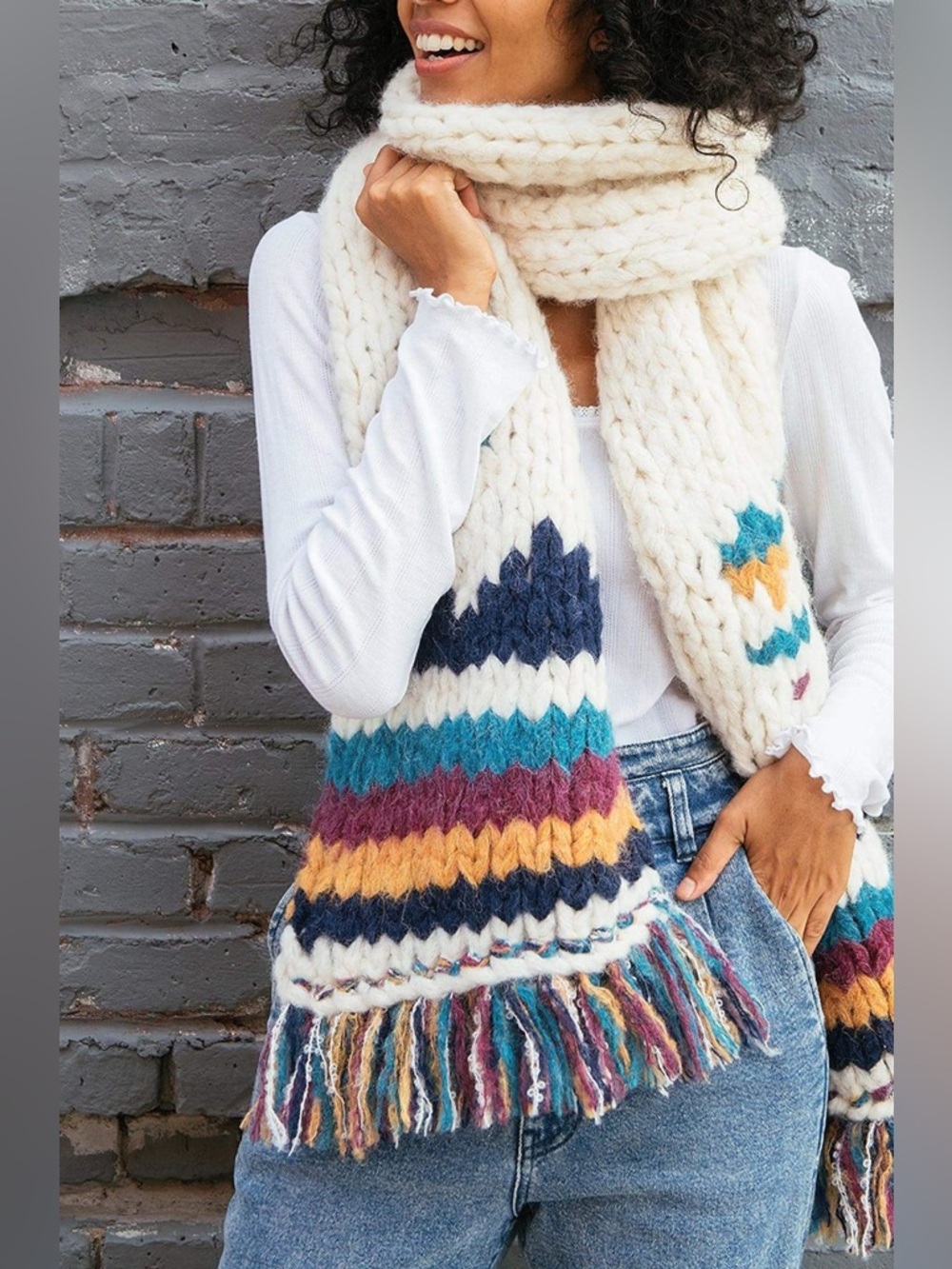Faherty B. Yellowtail Cream Chunky Knit Scarf with Multicolor Stripe Accents